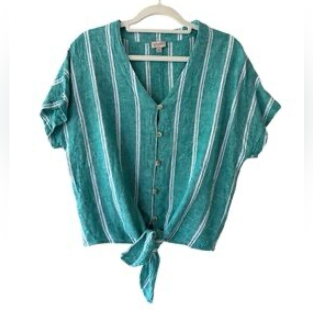 Cremieux linen blend tie waist women’s top green stripes large v-neck preppy